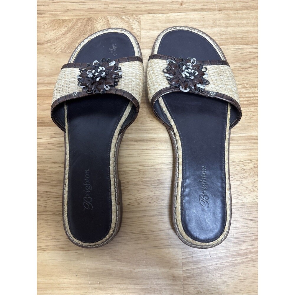 Brighton Shoes Womens Size 7 M Orchid Sandals Slip On Black Rattan Flower Beige